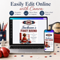 First Round first birthday invitation with championship belt, boxing ring ropes, red and blue stars, and little boxer artwork for a boxing birthday party