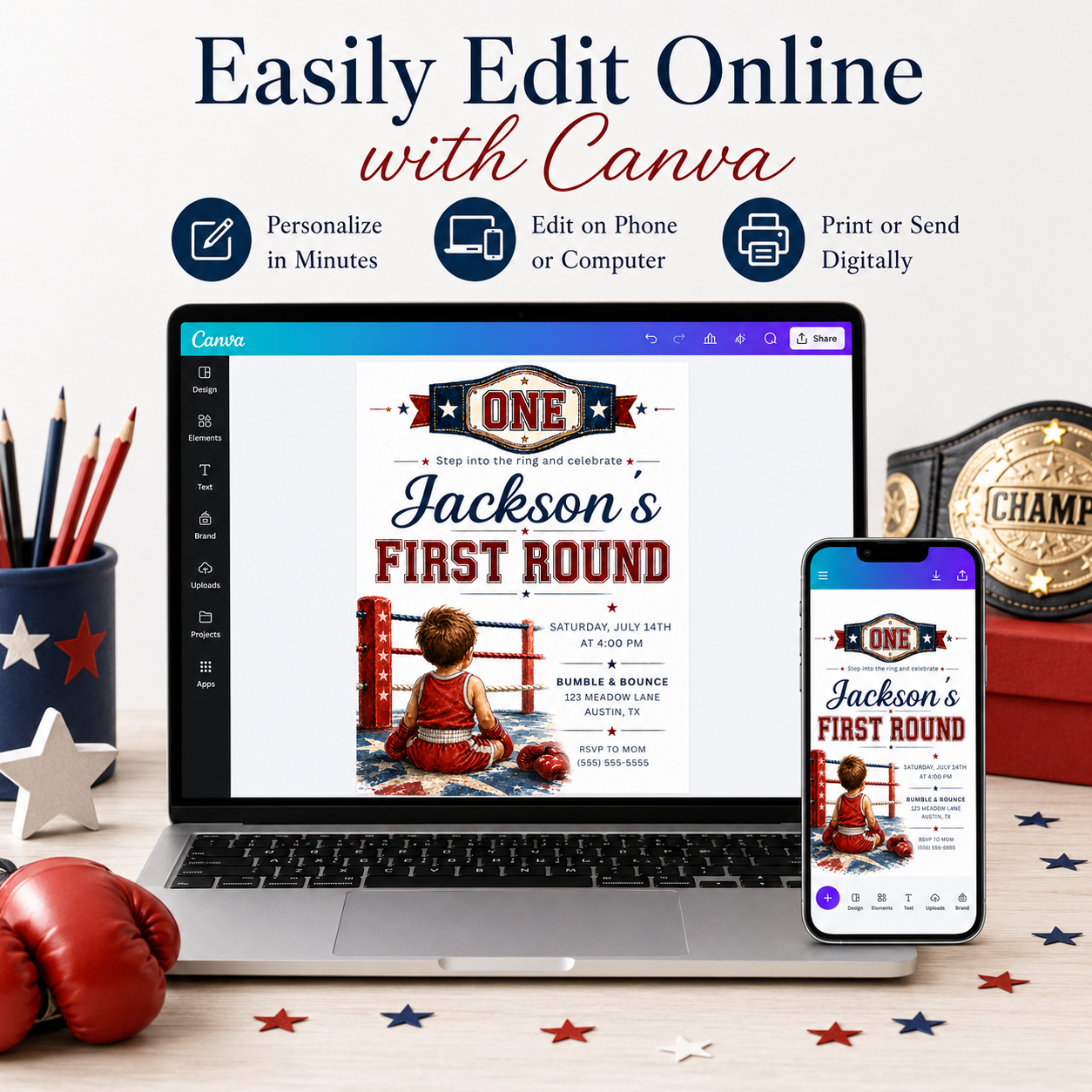 First Round first birthday invitation with championship belt, boxing ring ropes, red and blue stars, and little boxer artwork for a boxing birthday party