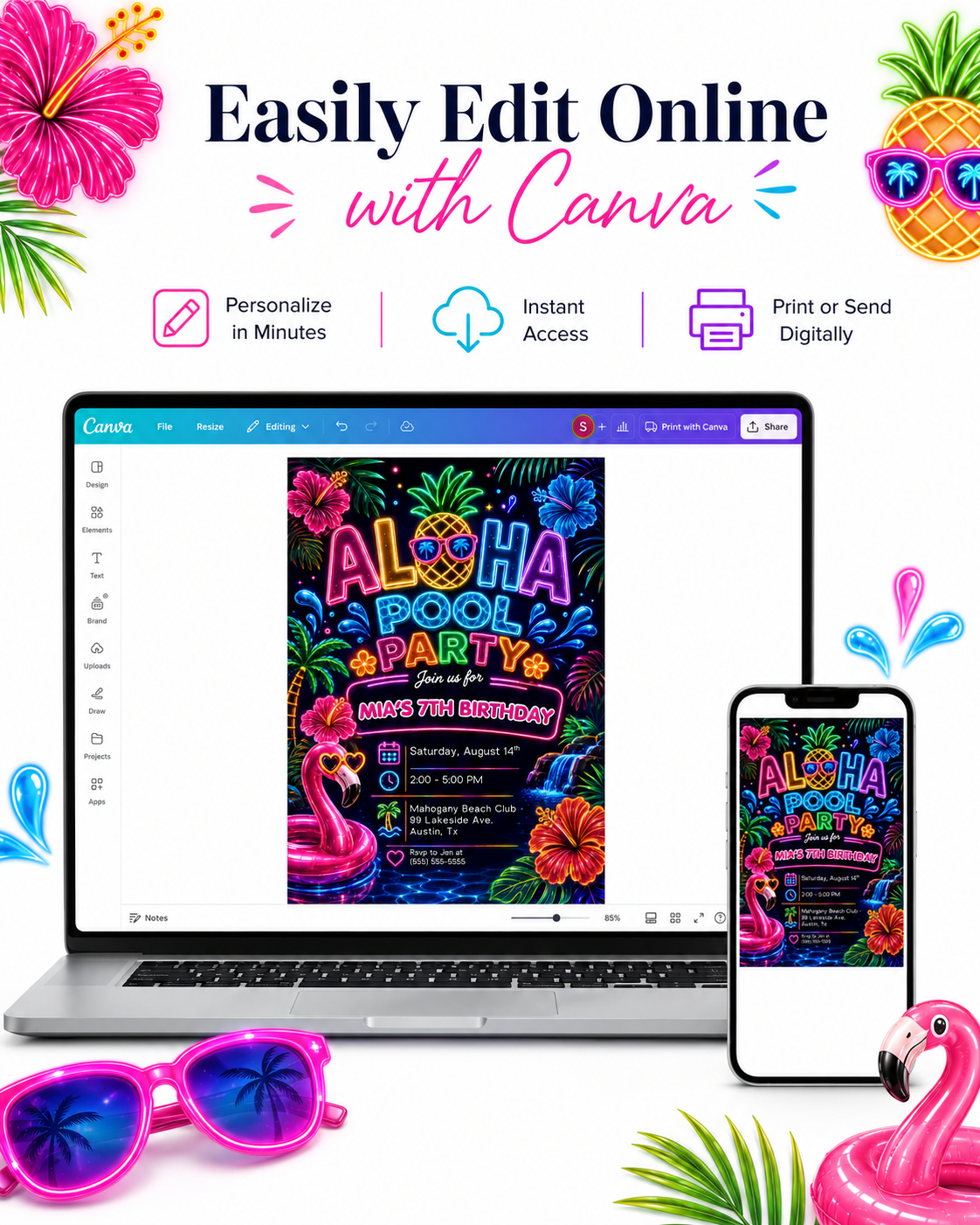Neon Aloha pool party birthday invitation featuring a glowing pineapple, pink flamingo float, hibiscus flowers, palm trees and colorful tropical lights.

