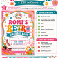 Retro birthday invitation with roller skate, disco ball, smiley flowers, checkerboard accents, colorful waves, stars, and bright pink teal orange party details
