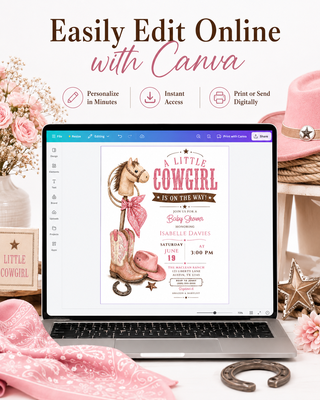 Little cowgirl baby shower invitation with a stick horse, pink cowgirl boots, hat, and bandana in pink and brown