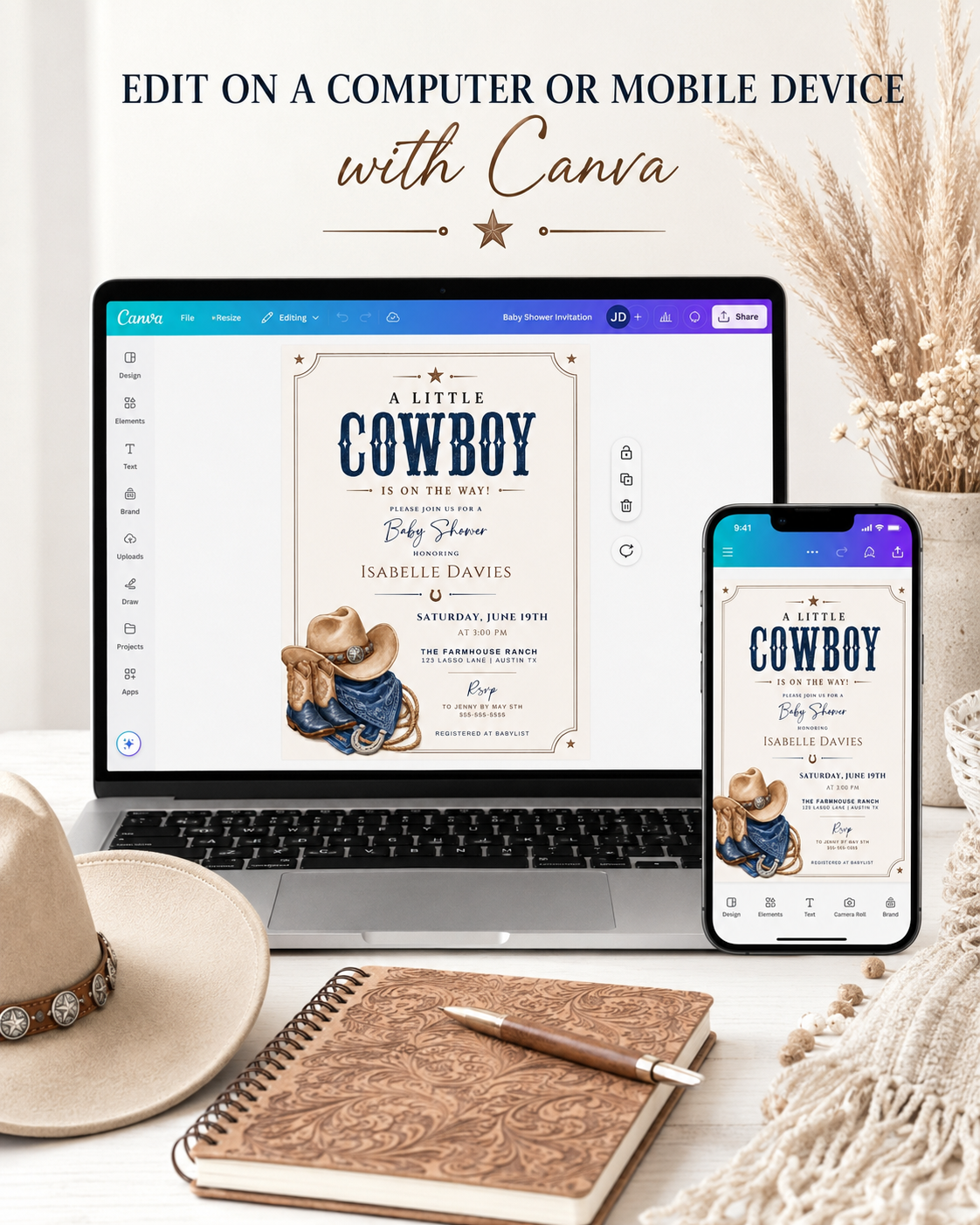 Editable Western cowboy baby shower invitation Canva template with illustrated cowboy hat, denim boots, horseshoe, bandana, lasso rope, and bold navy distressed typography on a warm cream background with Western border
