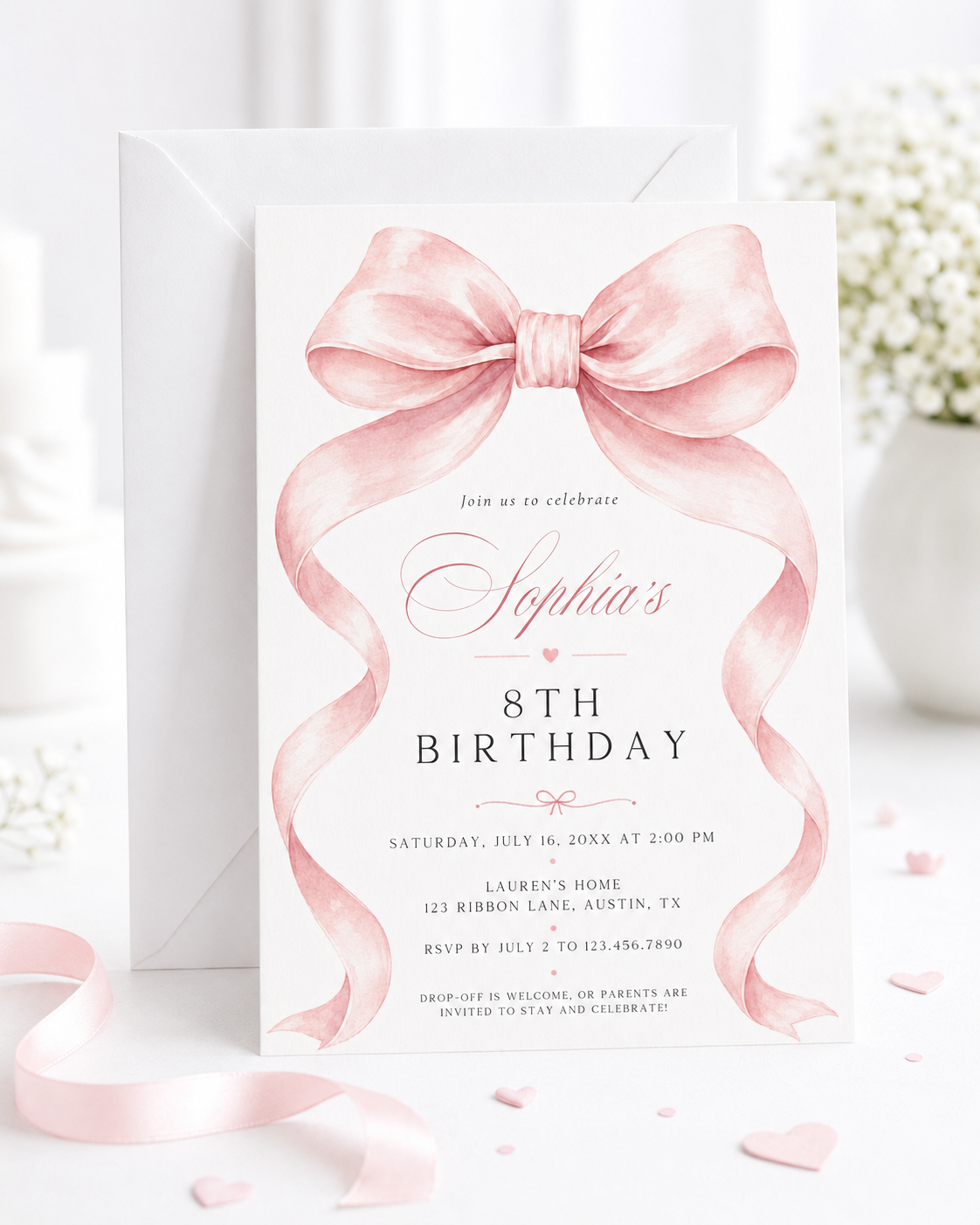 Pink bow birthday invitation for girls featuring a large blush pink ribbon, flowing bow tails and elegant pink and black typography.