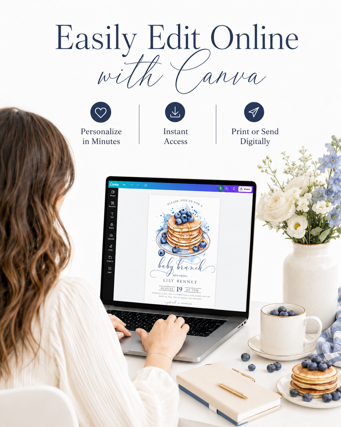 Blueberry baby brunch invitation with a watercolor stack of pancakes, syrup, and blueberries in blue and white