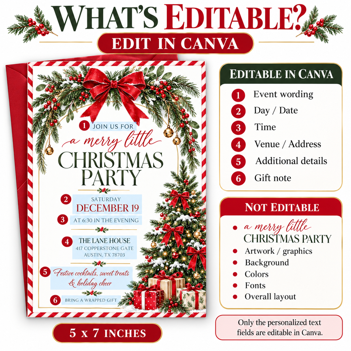 Christmas party invitation with red bows, evergreen garland, holly berries, gold bells, and a decorated Christmas tree