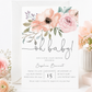 Oh baby floral baby shower invitation with watercolor blush and dusty rose flowers and greenery in soft pink and sage