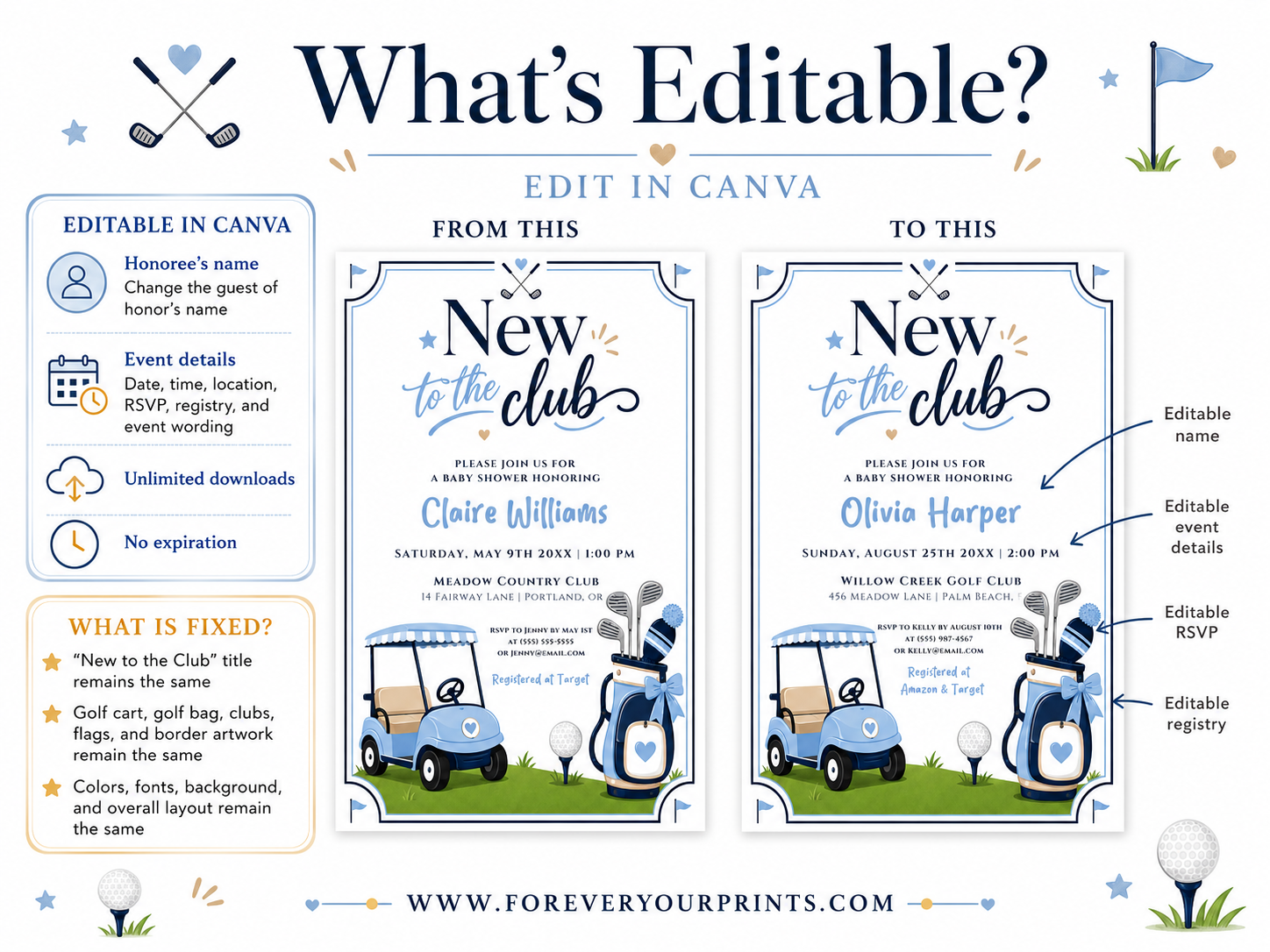Editable new to the club golf baby shower invitation Canva template with blue golf cart, navy golf bag with bow, crossed clubs, corner pennants, and navy and sky blue typography on a white background