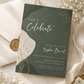 Editable sage green and gold birthday invitation Canva template with abstract shapes, cream botanical accent, gold foil scatter details, and script typography