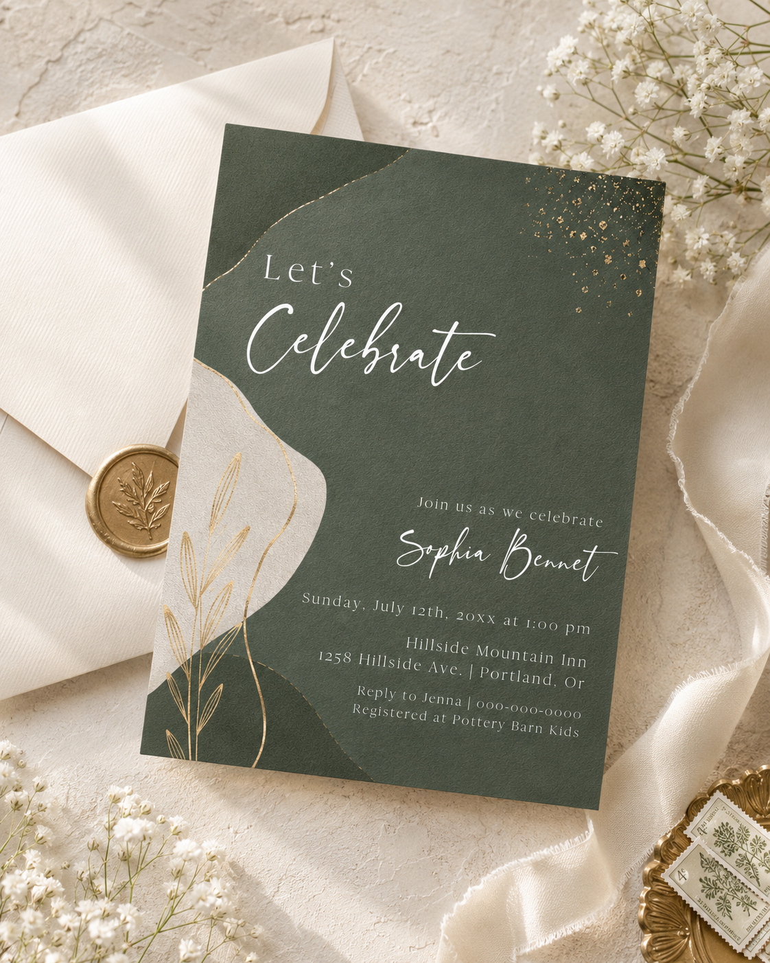 Editable sage green and gold birthday invitation Canva template with abstract shapes, cream botanical accent, gold foil scatter details, and script typography