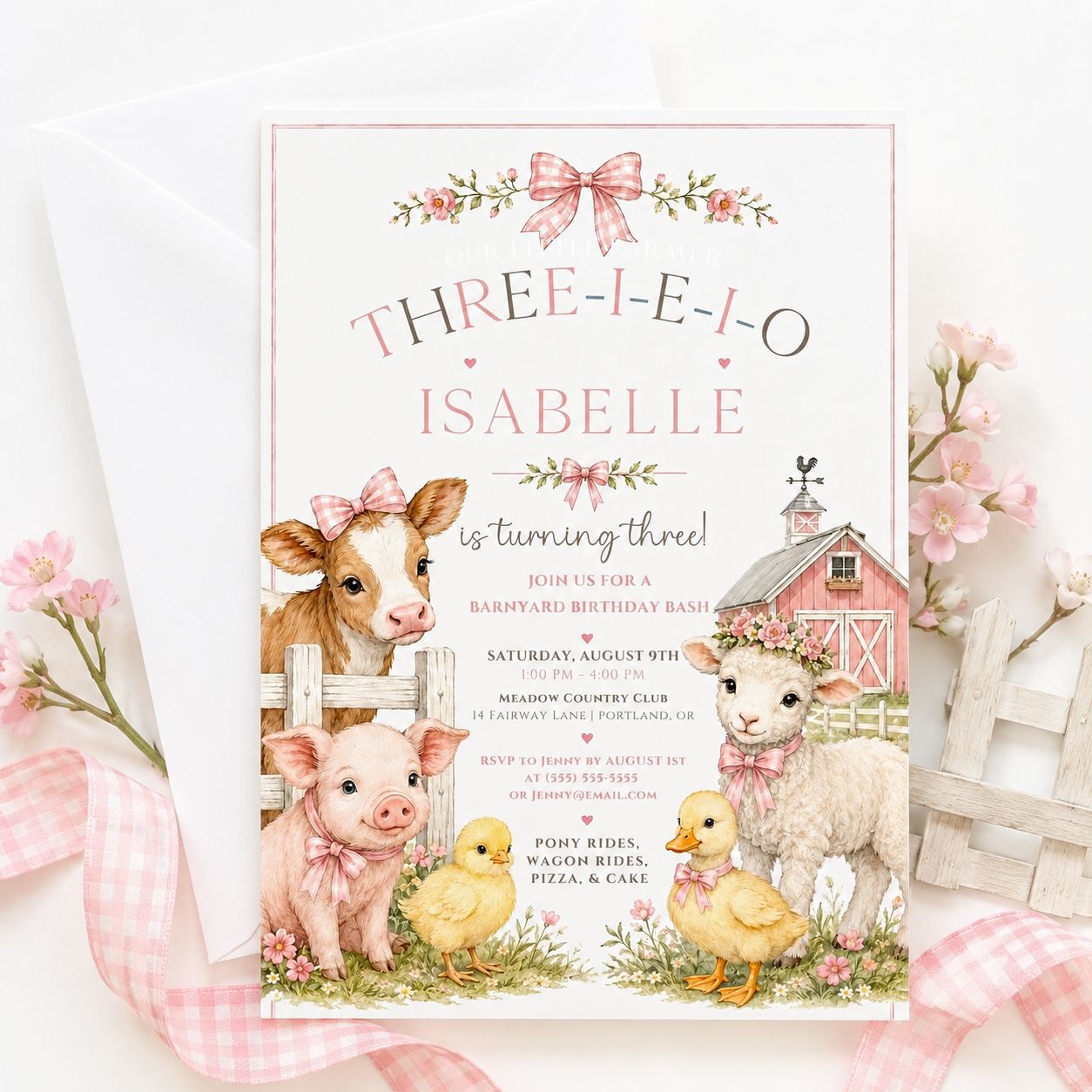 Three-I-E-I-O third birthday invitation for girls featuring a pink barn, cow, pig, lamb, chicks, flowers and pink gingham bows.
