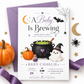 A Baby Is Brewing baby shower invitation with bubbling cauldron, pumpkin, potion bottle, ghost in witch hat, bat, crescent moon, and Halloween baby shower details