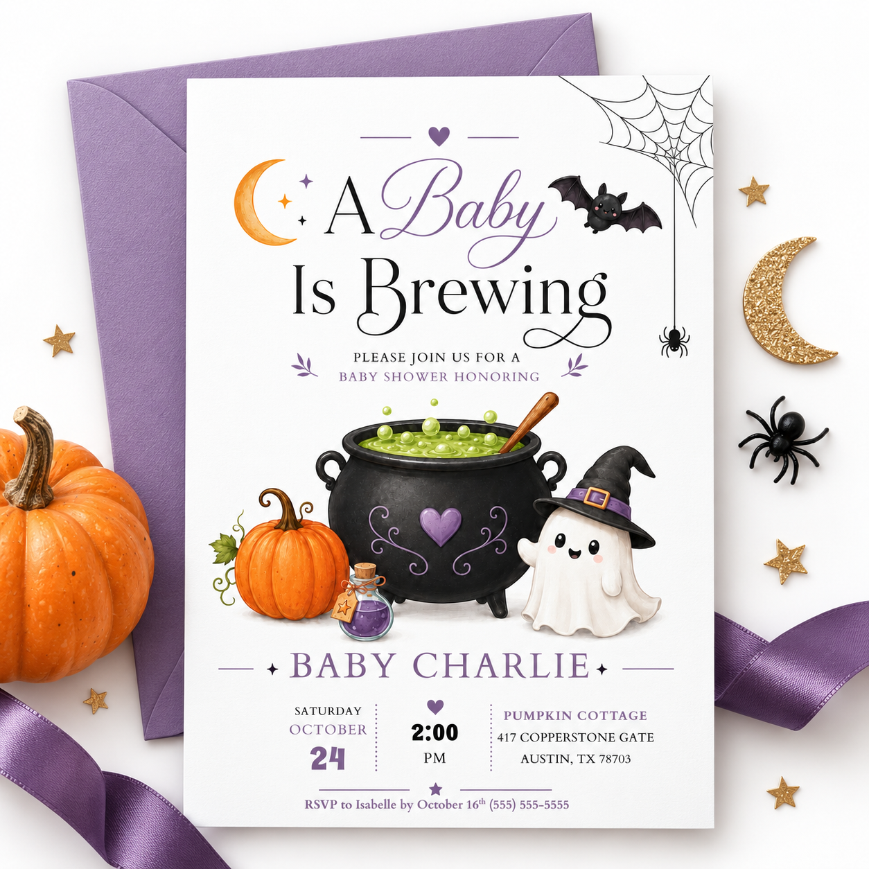 A Baby Is Brewing baby shower invitation with bubbling cauldron, pumpkin, potion bottle, ghost in witch hat, bat, crescent moon, and Halloween baby shower details