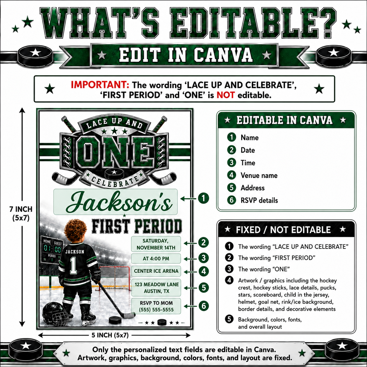 First Period first birthday invitation with little hockey player, ice rink, scoreboard, goal net, hockey stick, puck, and green black sports party details