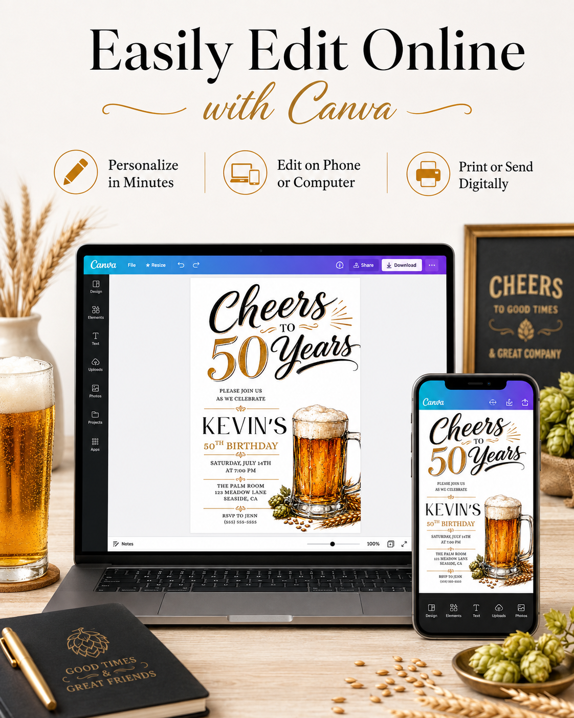 Beer 50th birthday invitation with frothy beer mug, hops, wheat, black and gold lettering, clean white background, and masculine milestone party details