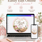 Round barnyard birthday thank-you sticker featuring a pink tractor, barn, cow, pig, pony, chick, puppy, kitten, flowers and pastel bunting.