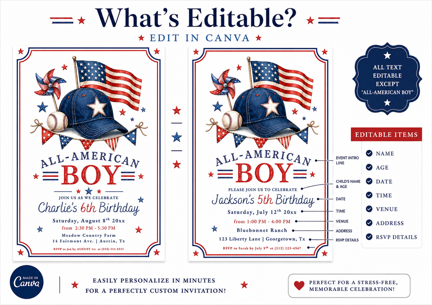 All-American boy birthday invitation featuring a navy baseball cap, American flag, baseball, pinwheel, bunting and red, white and blue stars.