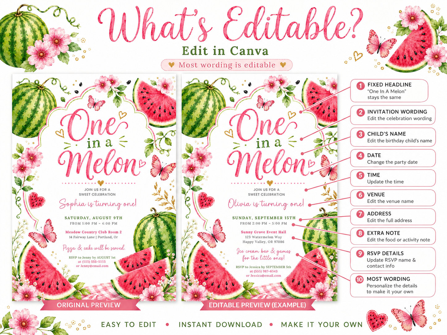 One in a Melon first birthday invitation featuring watercolor watermelons, pink flowers, butterflies, greenery and gold hearts.
