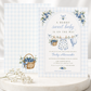 Editable blue gingham boy baby shower invitation Canva template with watercolour blueberries, clothesline scene with romper and bonnet, and script typography, shown with front and back of card