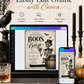 Boos and booze Halloween party invitation with dapper skeleton holding a drink, bats, spiderwebs, vintage typography, barrel, and black gold spooky details