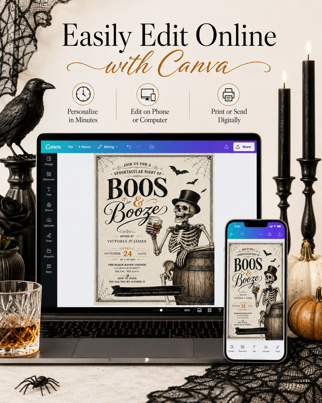 Boos and booze Halloween party invitation with dapper skeleton holding a drink, bats, spiderwebs, vintage typography, barrel, and black gold spooky details