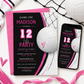 Volleyball girl birthday invitation with a volleyball and net in bold pink, black, and white