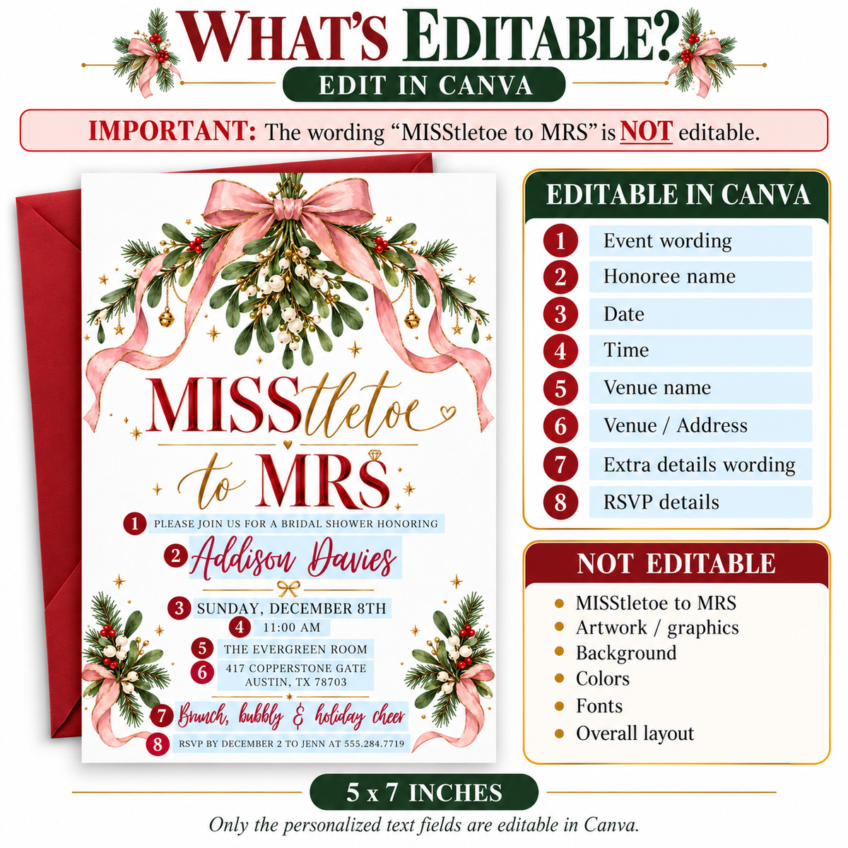 Christmas bridal shower invitation with pink satin bows, mistletoe, evergreen branches, gold bells and MISStletoe to Mrs lettering