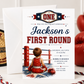 First Round first birthday invitation with championship belt, boxing ring ropes, red and blue stars, and little boxer artwork for a boxing birthday party