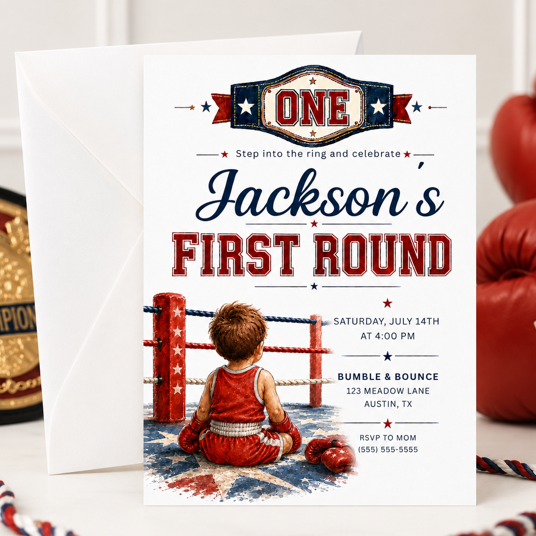 First Round first birthday invitation with championship belt, boxing ring ropes, red and blue stars, and little boxer artwork for a boxing birthday party