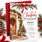 Christmas housewarming party invitation with a wooden front door, evergreen wreath and garlands, red bows, glowing lanterns, snowy steps, and a Home Sweet Home doormat