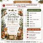 Woodland baby shower invitation with fox, bear, deer, raccoon, bunny, owl, squirrel, greenery, pine branches, mushrooms, acorns, and adventure details