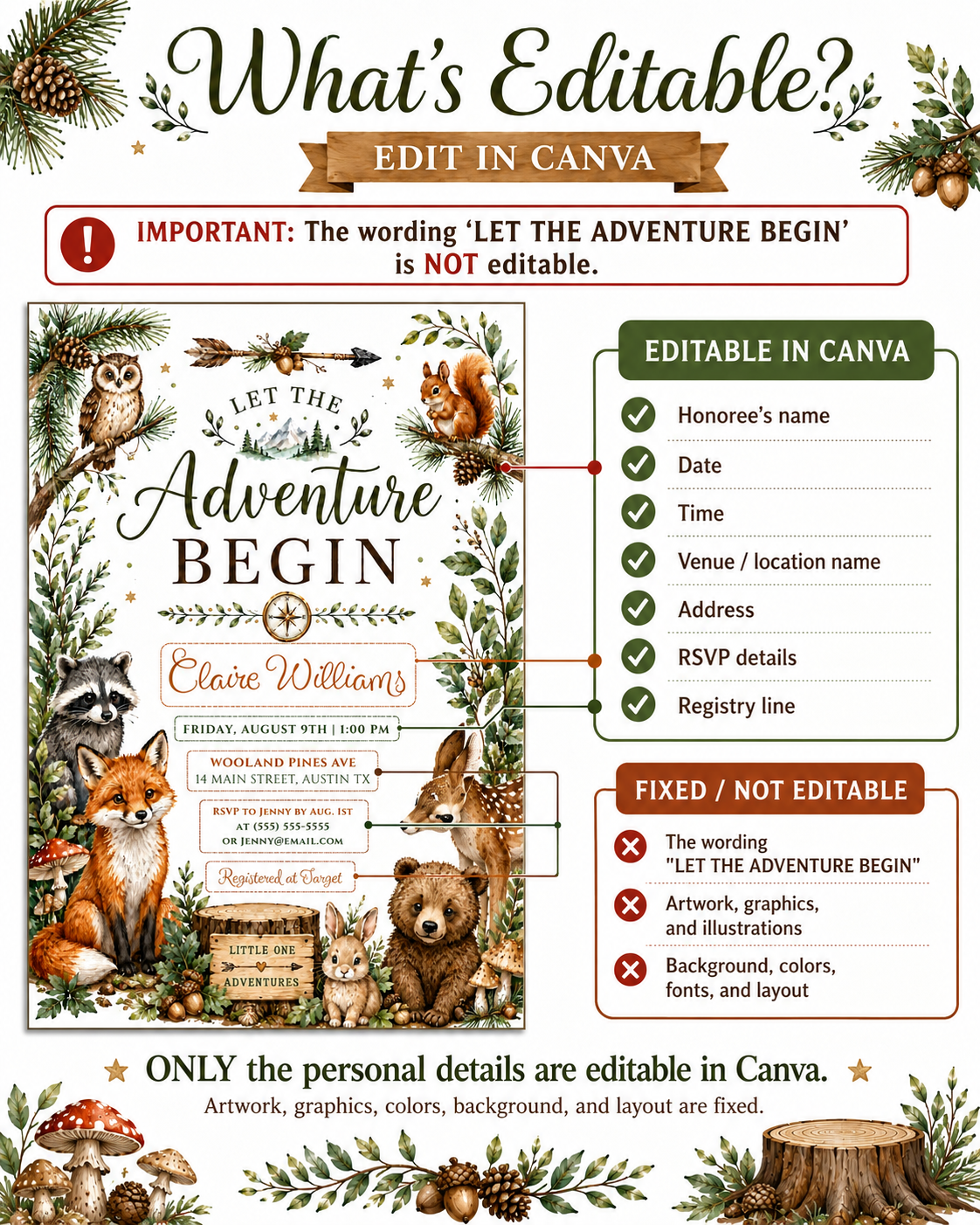Woodland baby shower invitation with fox, bear, deer, raccoon, bunny, owl, squirrel, greenery, pine branches, mushrooms, acorns, and adventure details