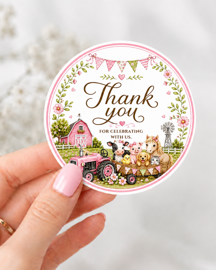 Round barnyard birthday thank-you sticker featuring a pink tractor, barn, cow, pig, pony, chick, puppy, kitten, flowers and pastel bunting.