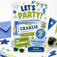 Let’s party boy birthday invitation with blue and green sticker-style graphics, stars, lightning bolts, sunglasses, banners, and retro party details