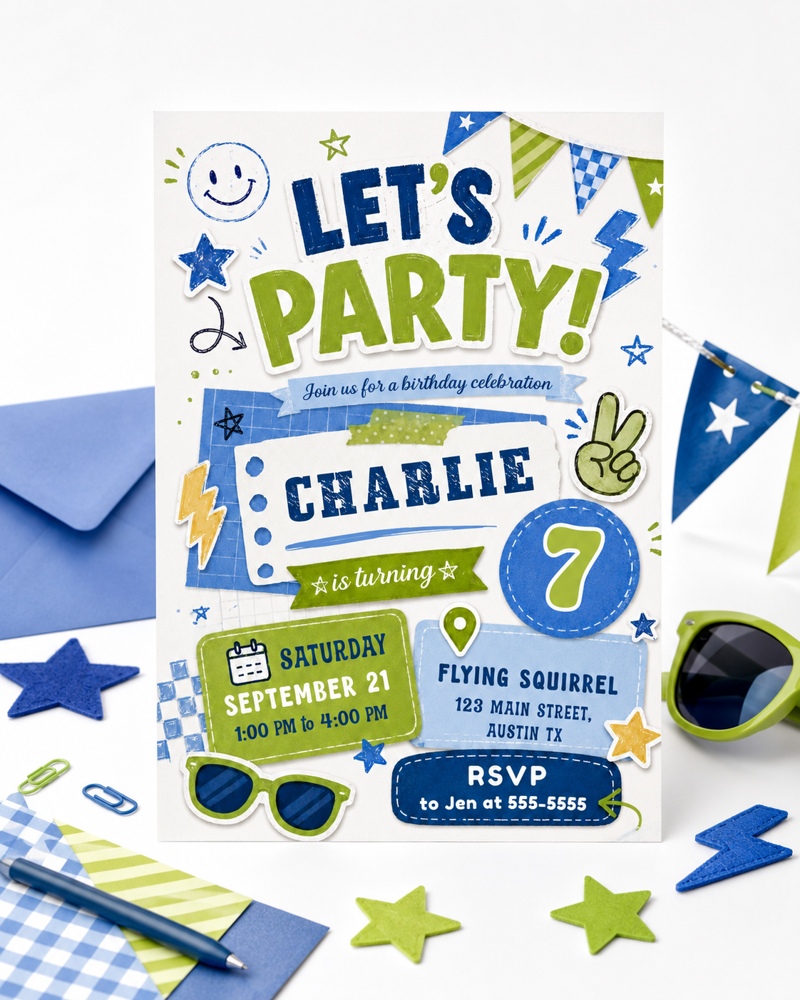 Let’s party boy birthday invitation with blue and green sticker-style graphics, stars, lightning bolts, sunglasses, banners, and retro party details