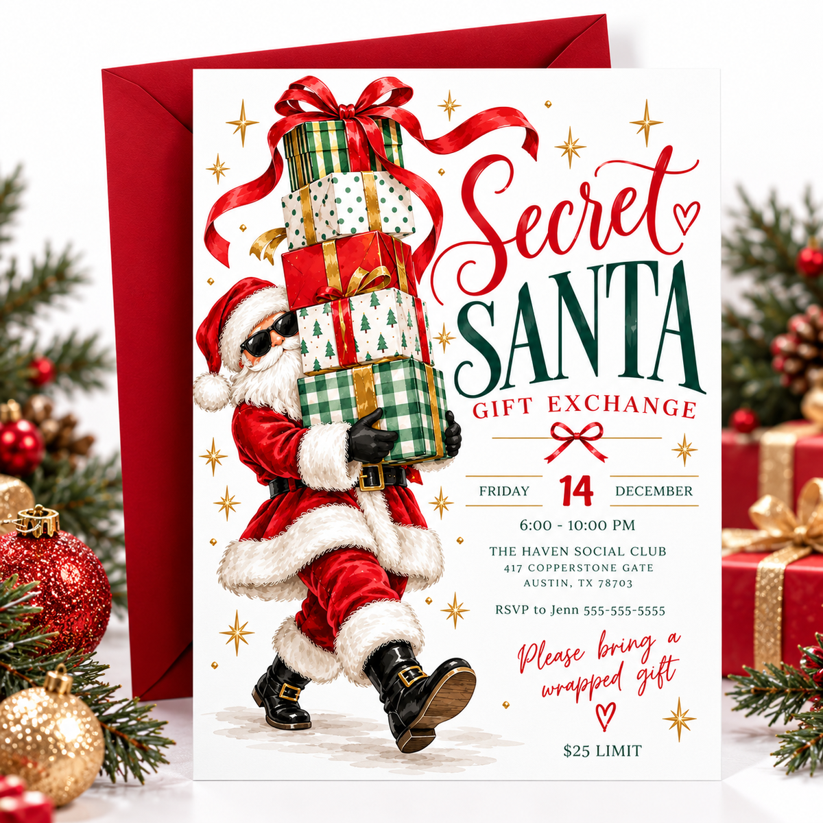 Secret Santa gift exchange invitation with Santa wearing sunglasses and carrying stacked red, green, and gold presents, flowing red ribbons, and gold stars