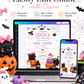 Halloween girl baby shower invitation with cute ghost, black cat, pumpkins, pink bows, bats, spiderwebs, witch hats, cauldron, and spooky-cute baby shower details