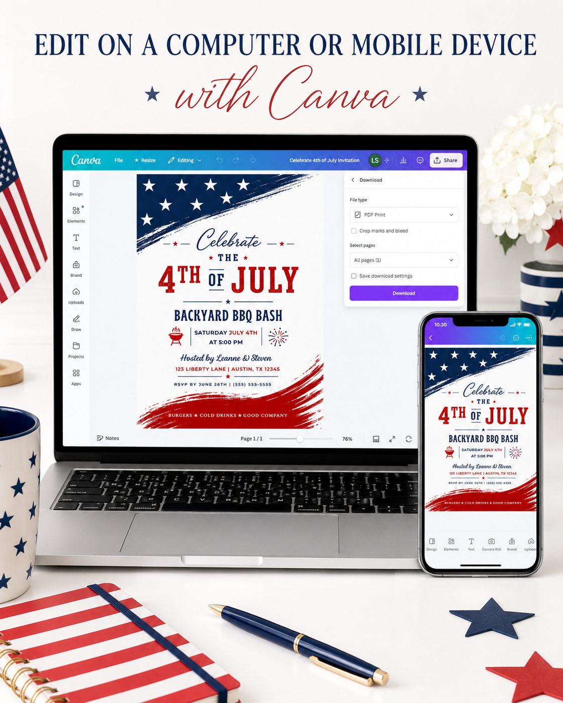 Editable 4th of July backyard BBQ bash invitation Canva template with navy and red brushstroke flag elements, distressed red display lettering, BBQ grill icon, fireworks graphic, and flowing script on a white background
