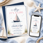 Nautical girl baby shower invitation with a sailboat, seashells, and beach grass in navy and blush pink