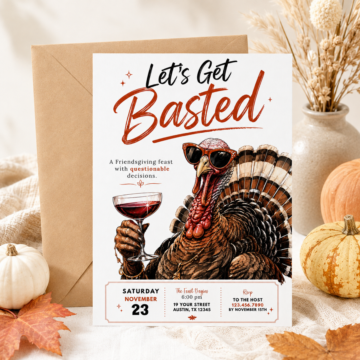 Friendsgiving invitation with Let’s Get Basted headline and illustrated turkey wearing sunglasses and holding a glass of red wine