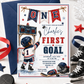 Hockey first birthday invitation with toddler hockey player, goal net, scoreboard, skates, puck, stick, helmet, gloves, snowflakes, and red navy sports details
