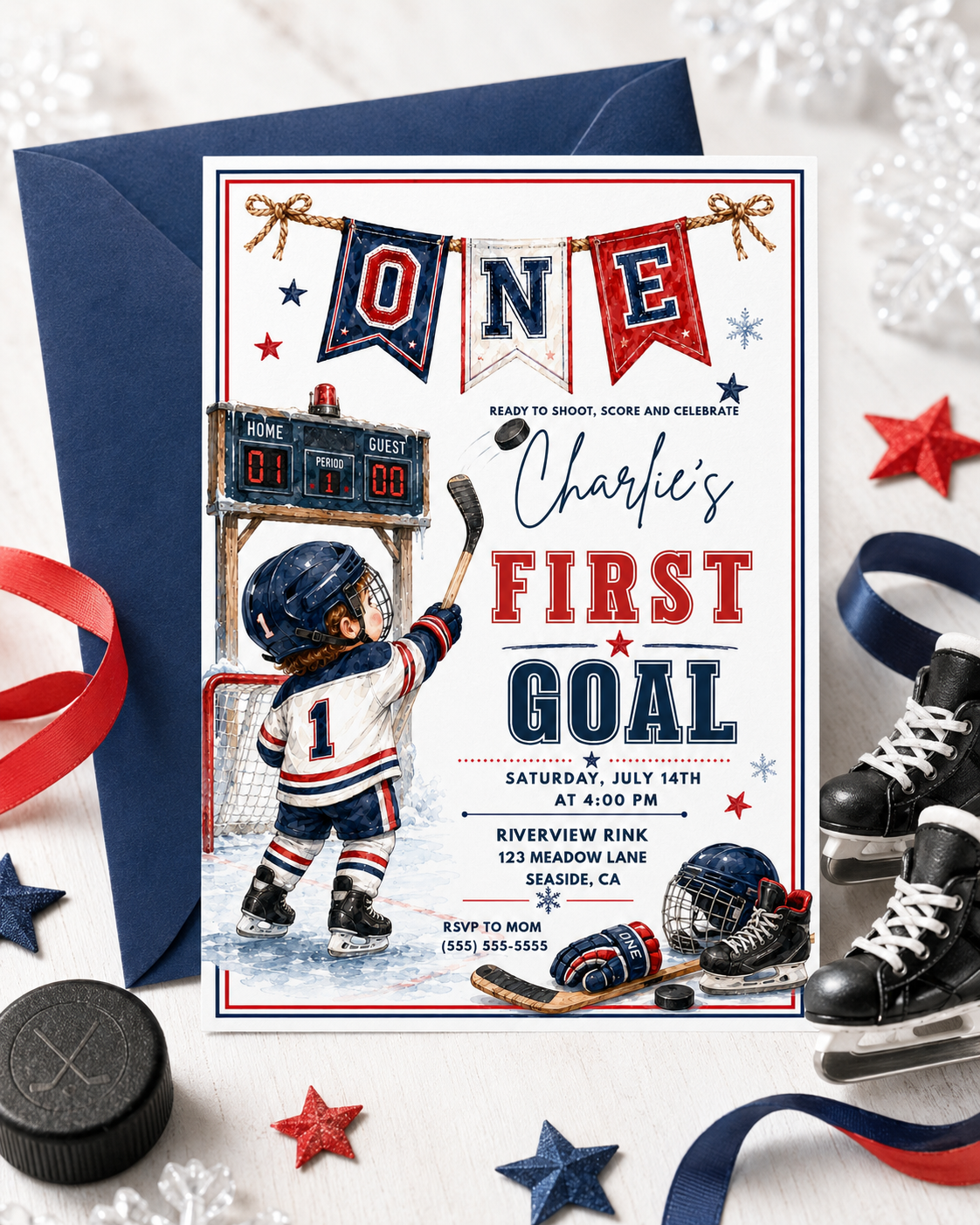Hockey first birthday invitation with toddler hockey player, goal net, scoreboard, skates, puck, stick, helmet, gloves, snowflakes, and red navy sports details