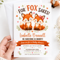 Fox baby shower invitation with two cute baby foxes, leafy greenery, hearts, orange banner, playful woodland details, and warm orange brown accents
