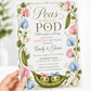 Peas in a pod gender reveal invitation with two peas in pink and blue bows and sweet pea flowers