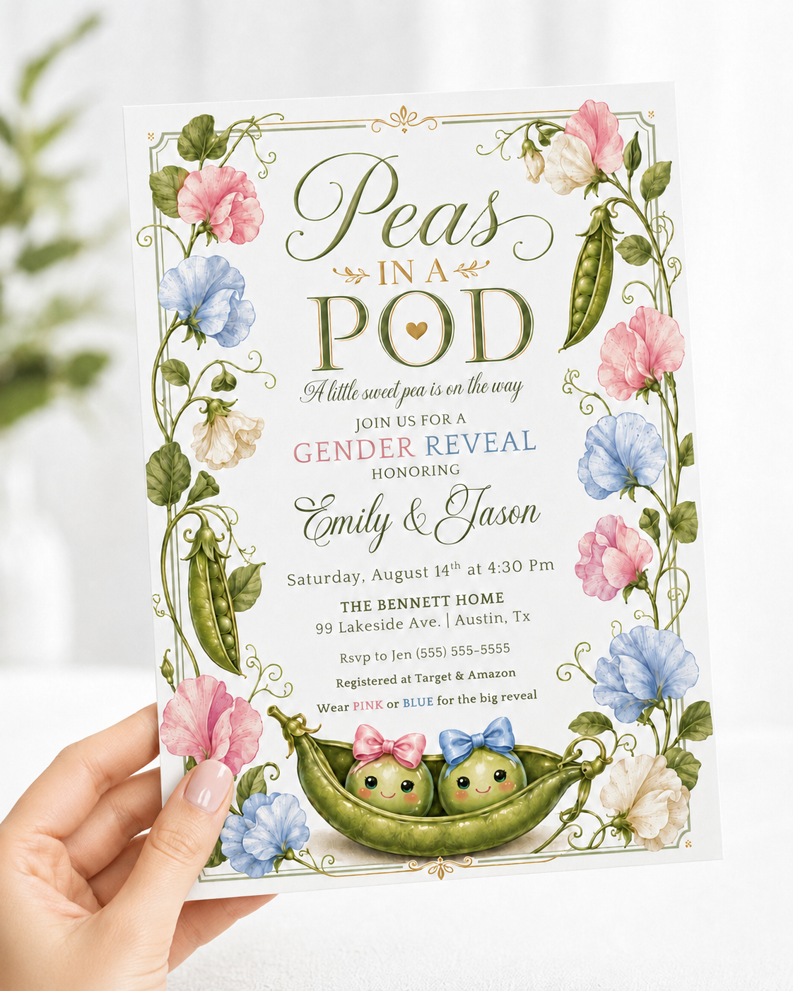 Peas in a pod gender reveal invitation with two peas in pink and blue bows and sweet pea flowers