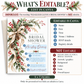 Winter bridal shower invitation with a flowing ivory bow, evergreen branches, red and white berries, snow-dusted pinecones, and gold accents on a white background