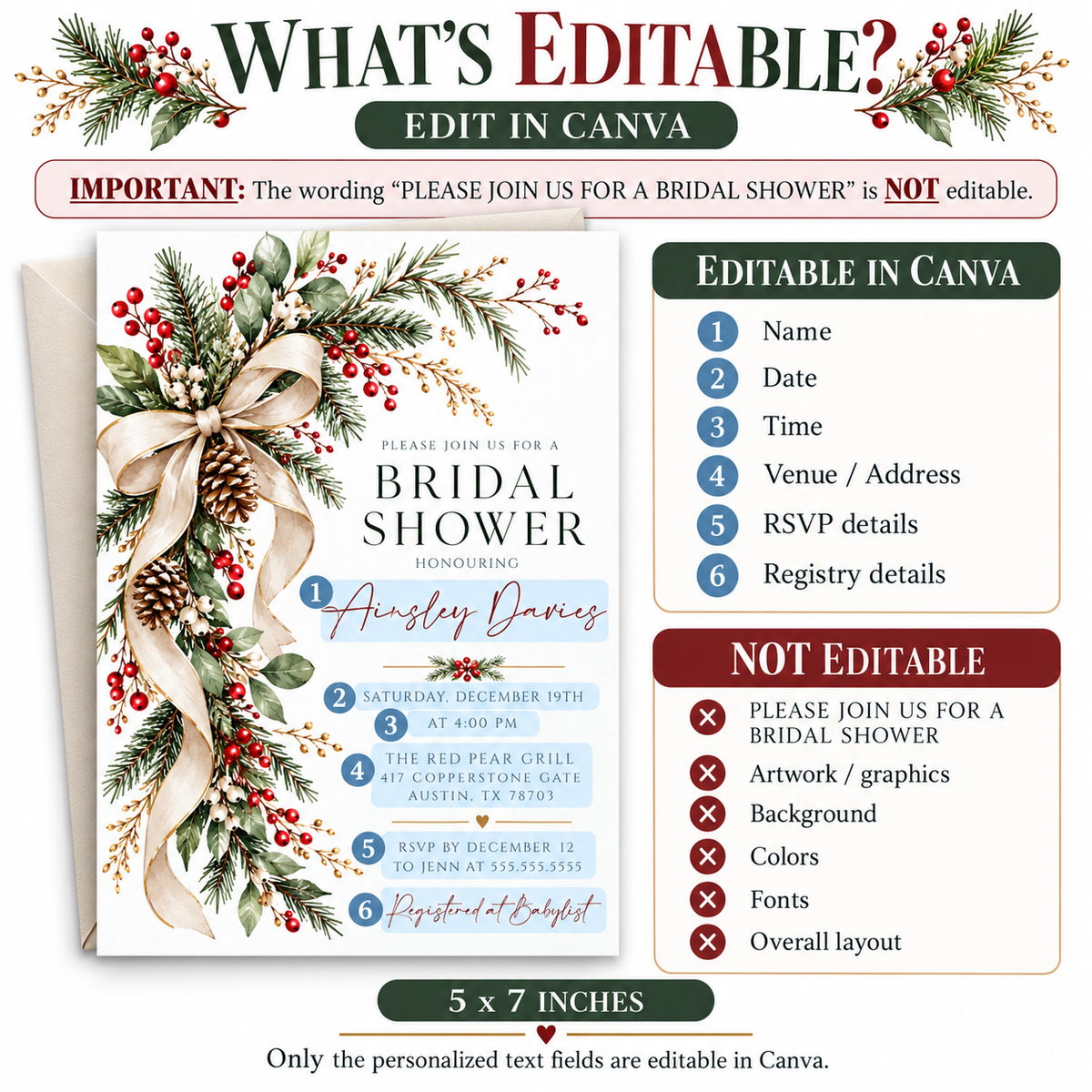 Winter bridal shower invitation with a flowing ivory bow, evergreen branches, red and white berries, snow-dusted pinecones, and gold accents on a white background