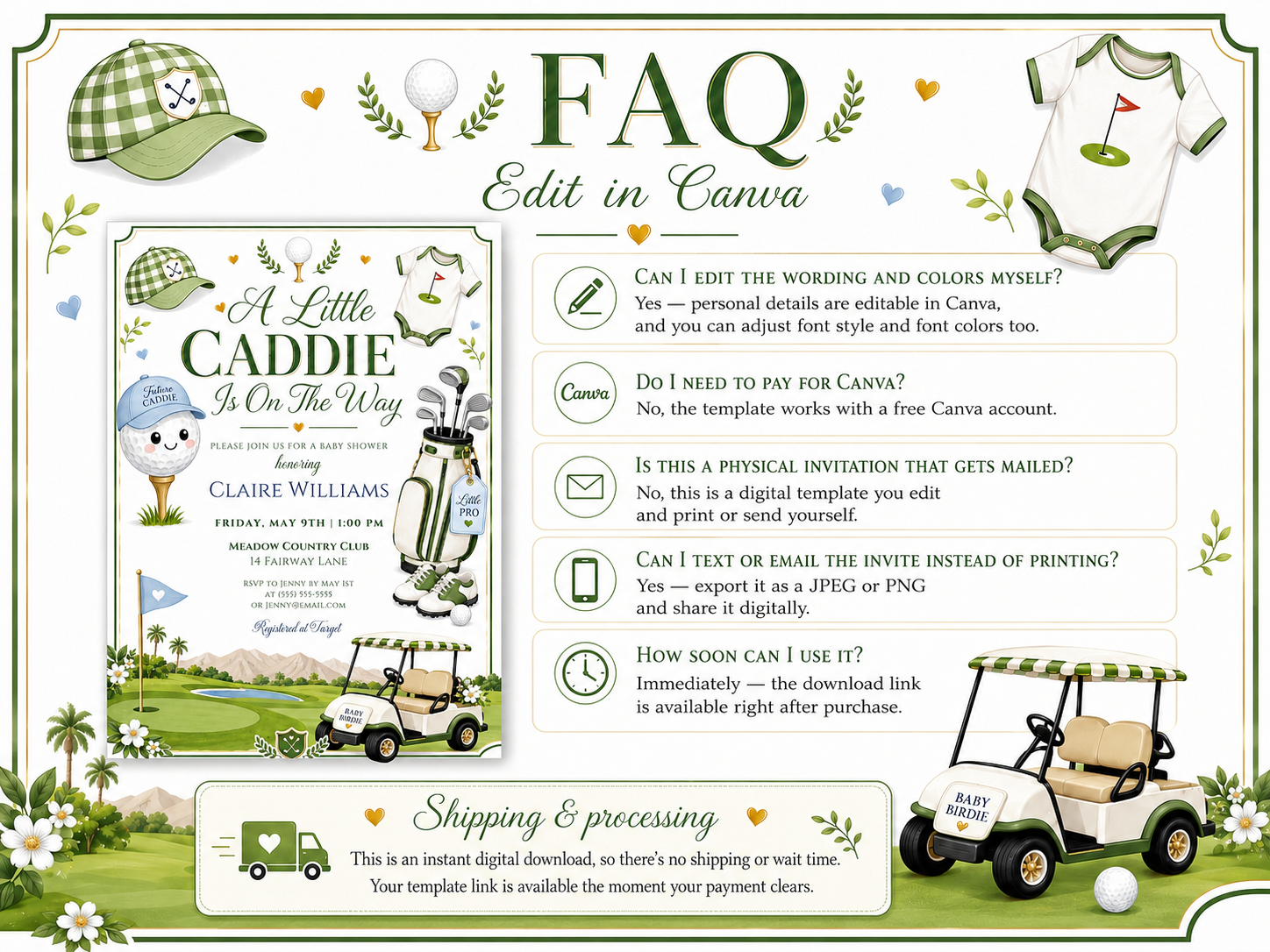Editable golf baby shower invitation Canva template with illustrated smiling golf ball, golf bag, saddle shoes, golf cart, gingham cap, and fairway scene in forest green and white