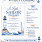 Little sailor nautical baby shower invitation with a lighthouse, sailboat, and ocean waves in navy and light blue