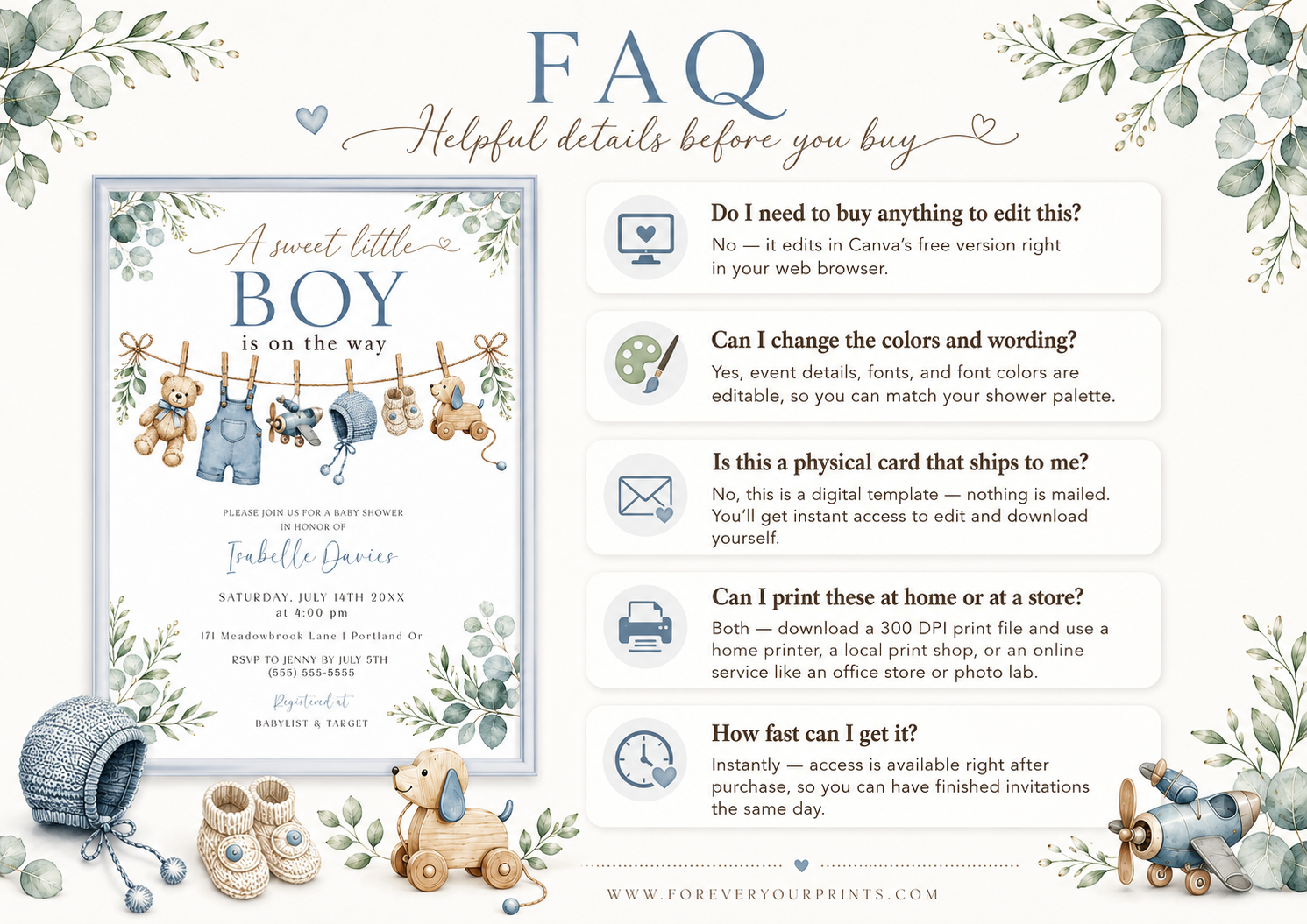 Editable boy baby shower invitation Canva template with watercolour clothesline scene featuring denim overalls, knit bonnet, booties, toy airplane, wooden pull dog, and teddy bear with eucalyptus border on a white background