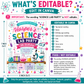 Science birthday invitation with colorful beakers, test tubes, microscope, safety goggles, atoms, molecules, and bright science lab party details for girls